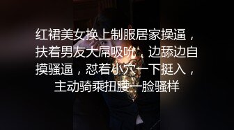 红裙美女换上制服居家操逼，扶着男友大屌吸吮，边舔边自摸骚逼，怼着小穴一下挺入，主动骑乘扭腰一脸骚样